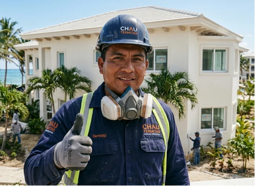 Técnico de Chau Termitas en propiedad costera de Cancún.
