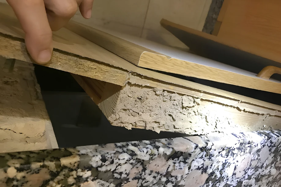 Daños por termitas en mueble de madera. Mueble con daño estructural severo causado por termitas.