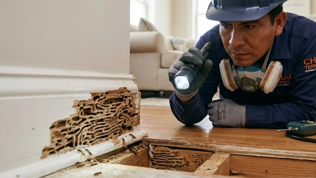 Inspección de daño por termitas en interiores. Técnico exterminador inspeccionando daño por termitas en piso y pared interior.