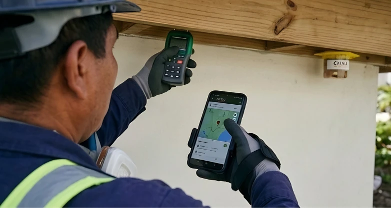 Técnico exterminador de termitas haciendo seguimiento con equipo de inspección.