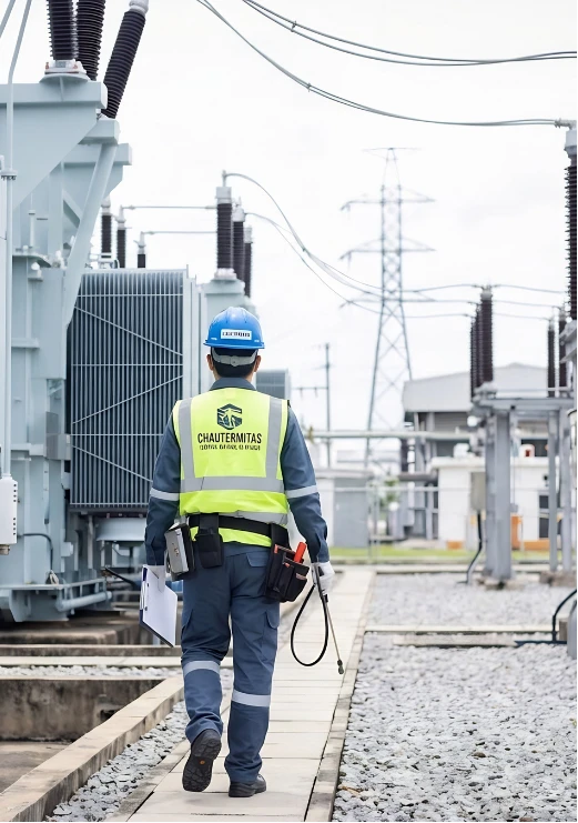 Técnico de Chau Termitas inspeccionando una planta de energía para prevención de termitas.