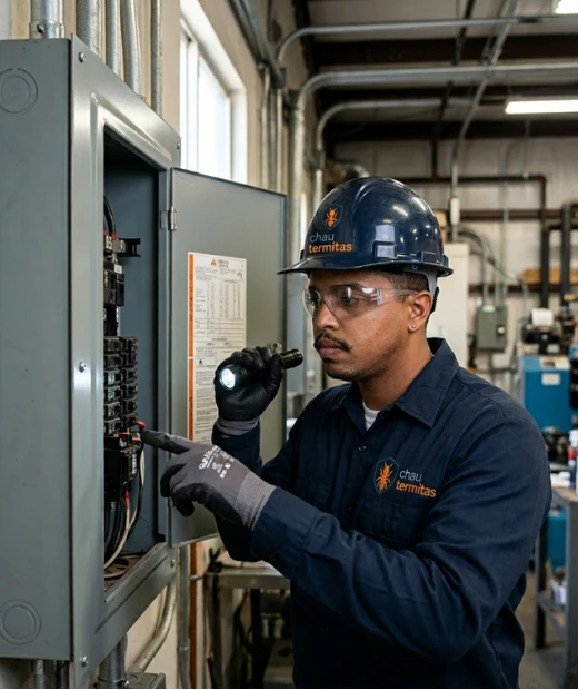 Técnico de Chau Termitas inspeccionando instalación eléctrica contra termitas en Cancún.