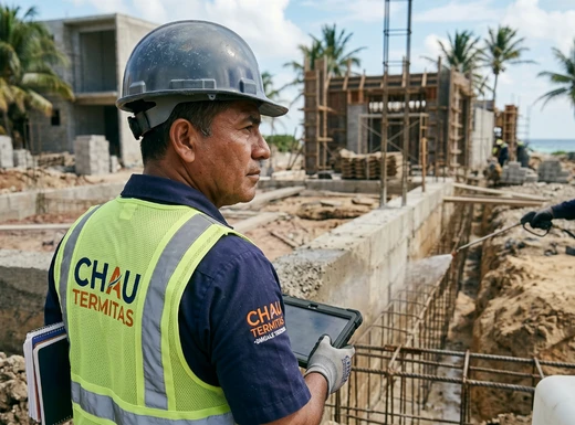 Tratamiento preconstrucción contra termitas en obra. Técnicos aplicando tratamiento preconstrucción contra termitas en obra junto al mar.
