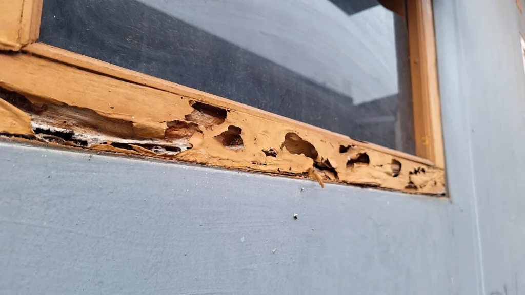 Marco de ventana con madera dañada por termitas en una propiedad de la Riviera Maya.